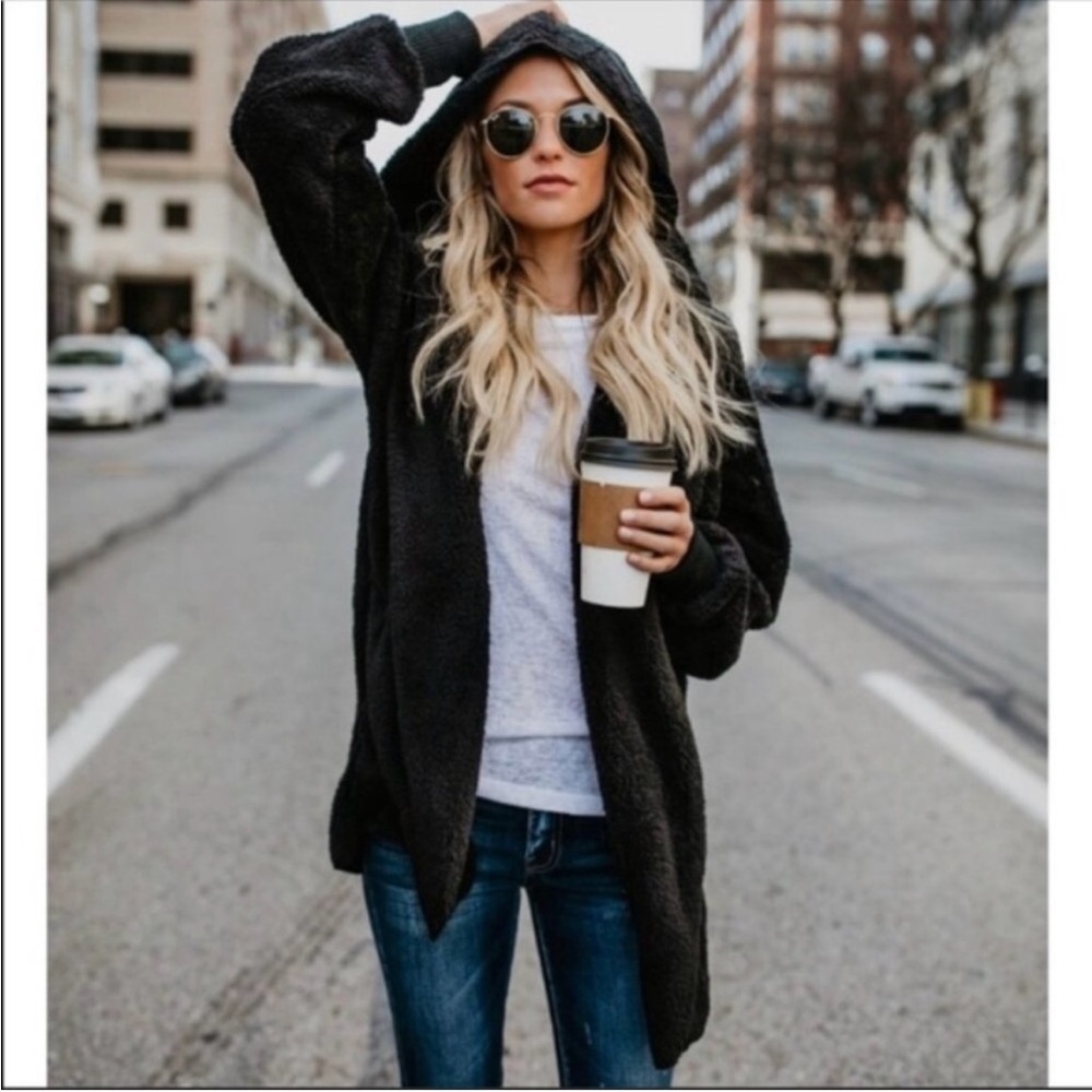 Long Sleeve Hooded Faux Fur Cocoon Jacket with Pockets